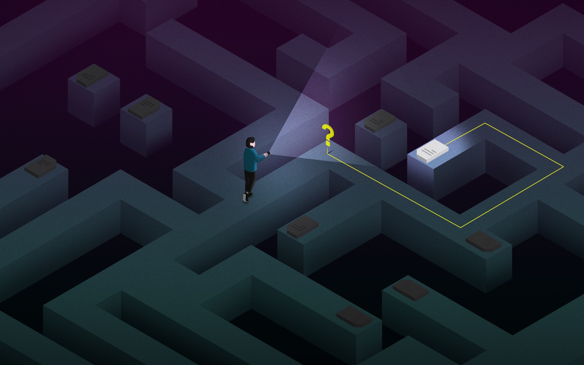 Illustration of a person exploring a maze with a torch, searching for explanations